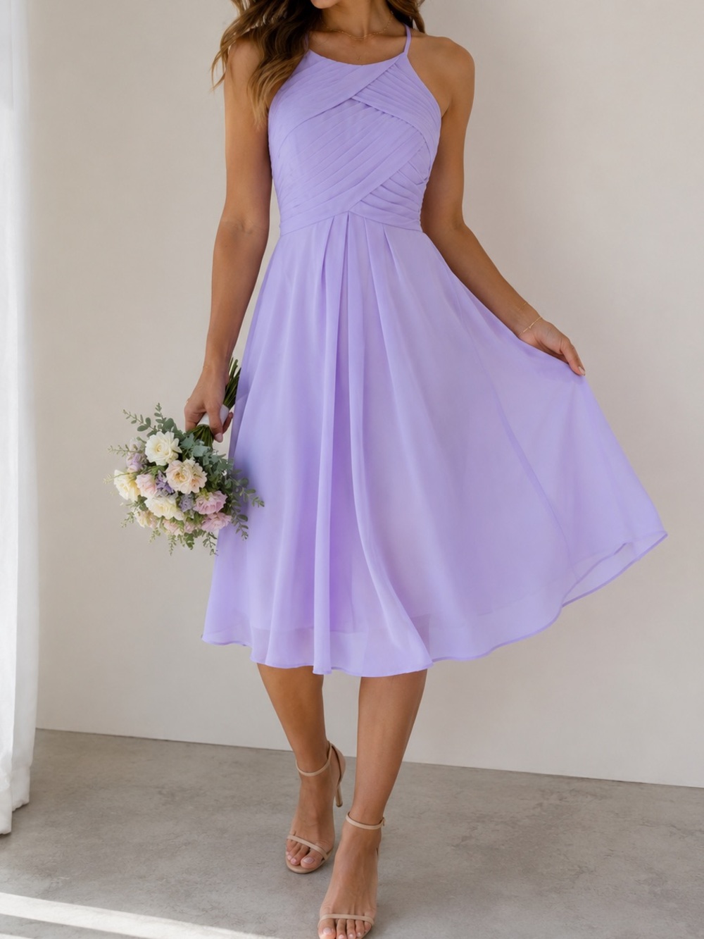 AW Bridal Lavendar Chiffon MidiDress Size 8 Halter Pleated Formal
